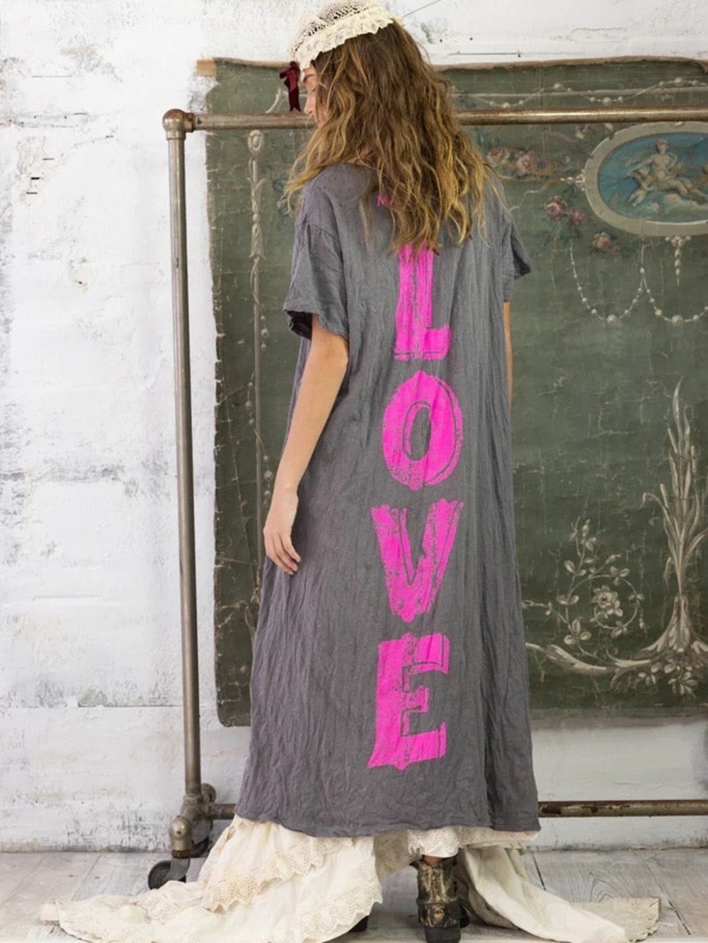Magnolia Pearl Relaxed Gray Maxi Dress with Hot Pink 'LOVE' Back Print